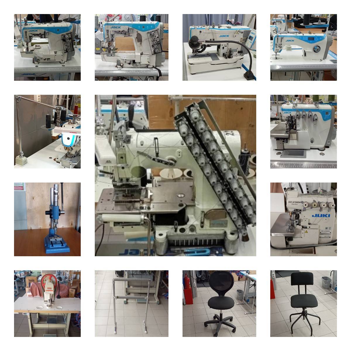 Прямострочка Jack A4, Jack A5, оверлок Jack Е4S, оверлок Juki MO-6704 DA, распошив (плоскошовка) Jack K4, петельная JK-T783G-Z, поясная Jack JK-8009 VCDL-12064,  стулья для швей,